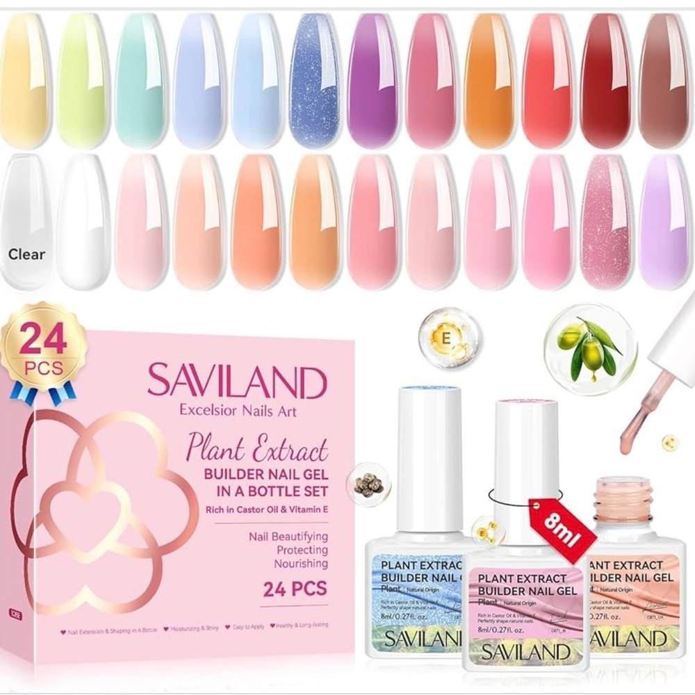 24-Piece Plant Extract Builder Nail Gel Set - Pink & Pastel Shades